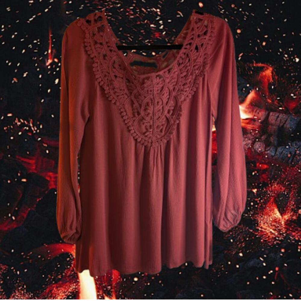 Easel small long sleeve burnt orange rayon with embroidered yoke woman's blouse